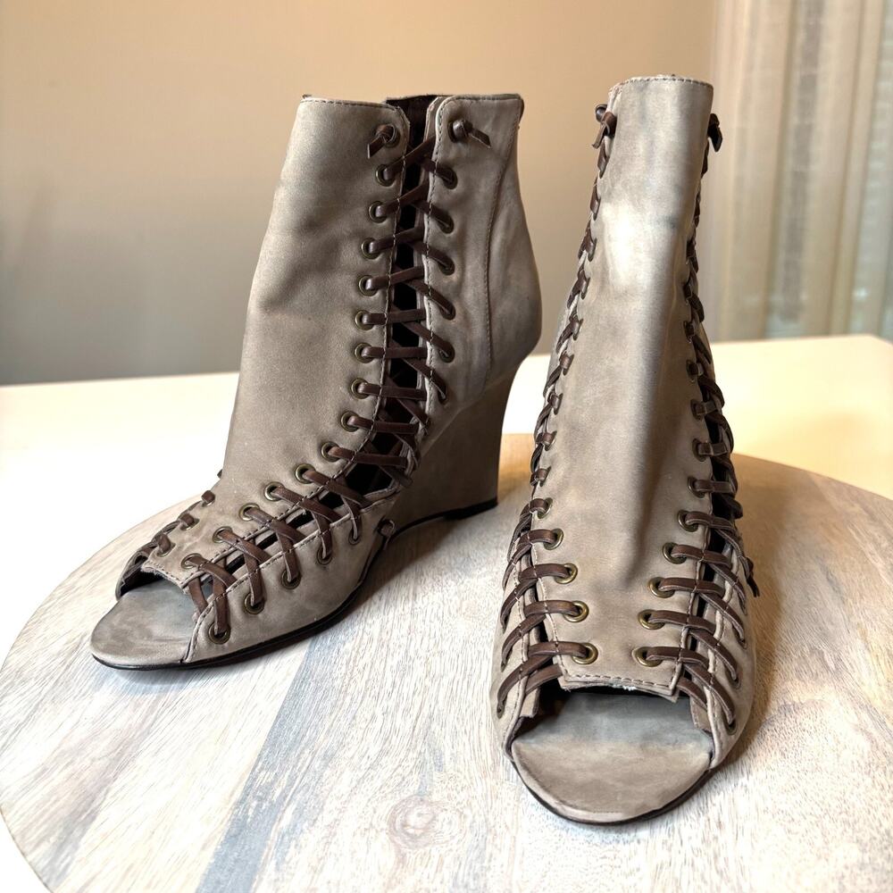 7 For All Mankind Taupe Brown Marlo Open Toe Leather Ankle Boots Bootie Size 8